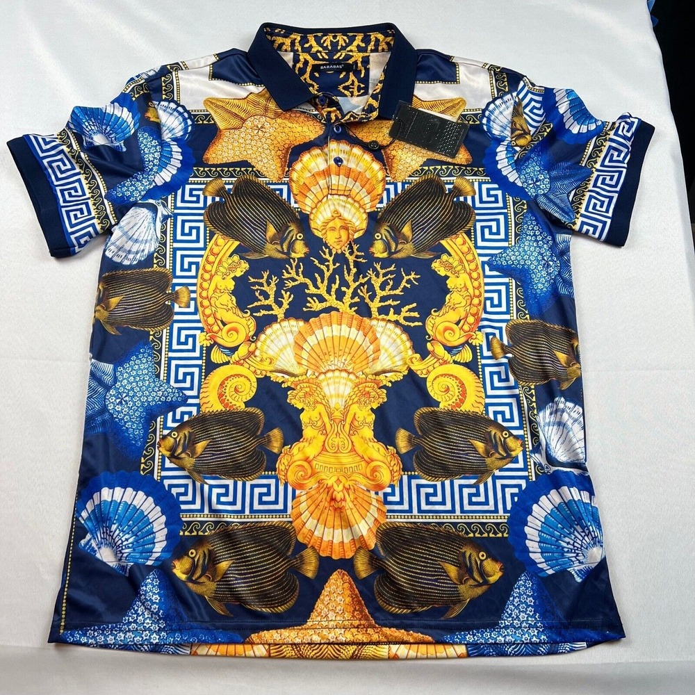 BARABAS Greek Sea Life Print Short Sleeve Top Men 2XL Artistic Bold Charismatic